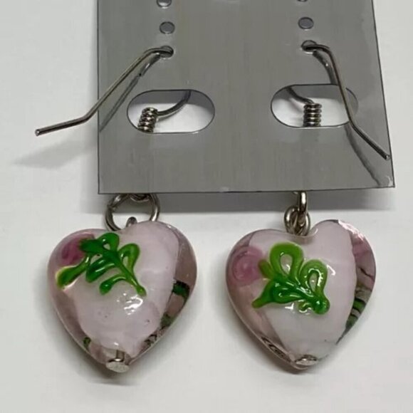 New Fashion Brand Earrings Murano Style Pink Glass Heart Beads Dangle Hook NWT - Picture 7 of 9